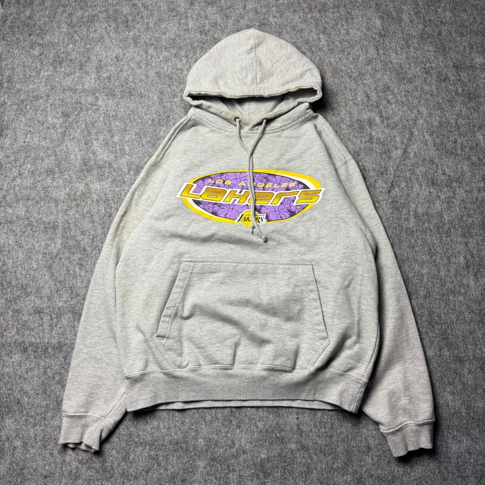 Vintage Los Angeles Lakers Hoodie Gray Pullover Sweatshirt Large NBA